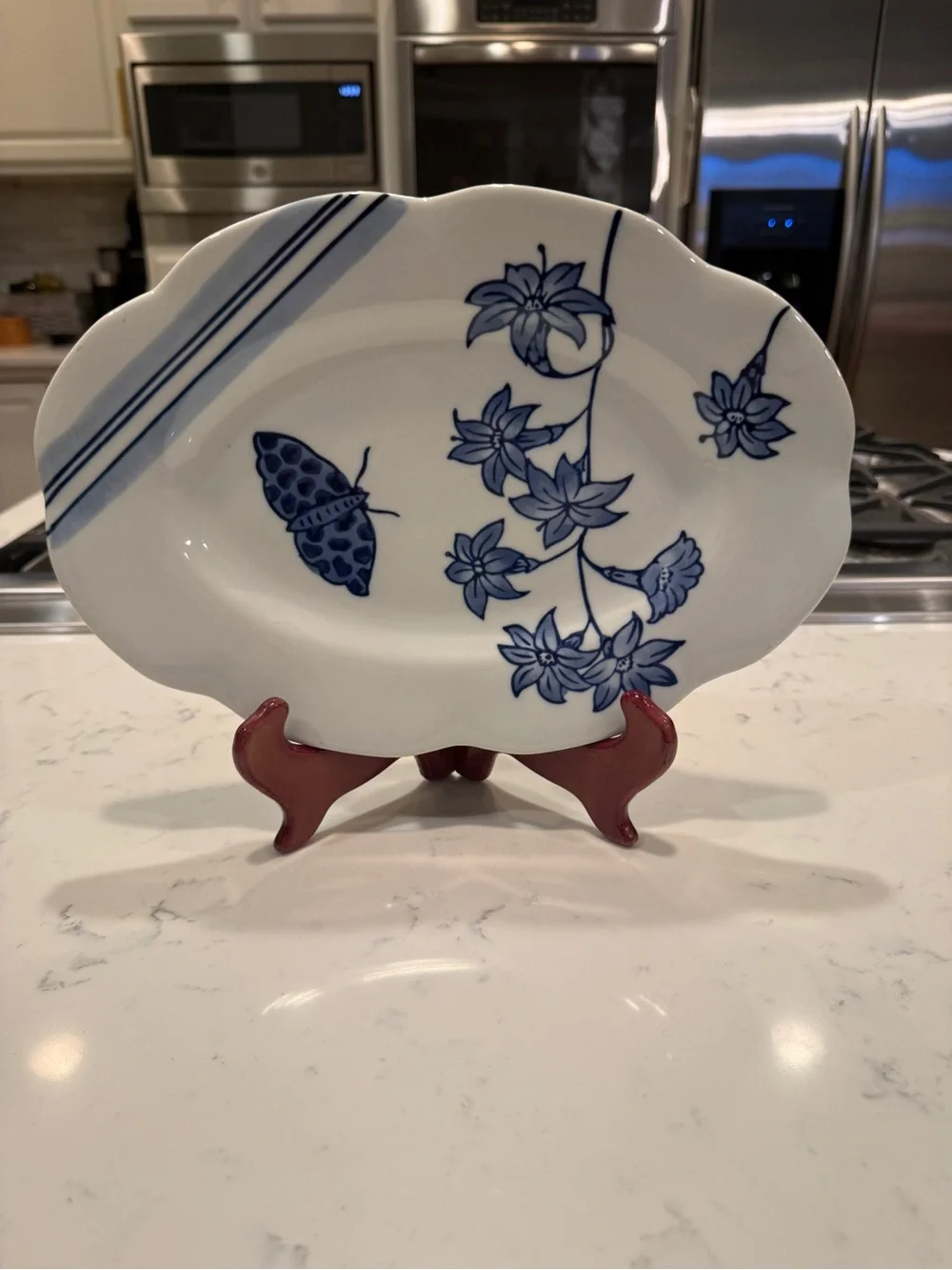 Creative Co-Op Blue & White Botanical Butterfly Oval Serving Platter 12”